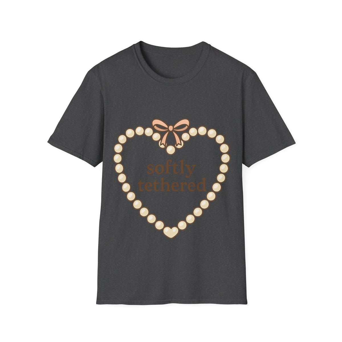 "Softly Tethered" Pearl Heart Ribbon Tee - Cute Coquette Bow Aesthetic White T-Shirt - Trending Now - September 2026