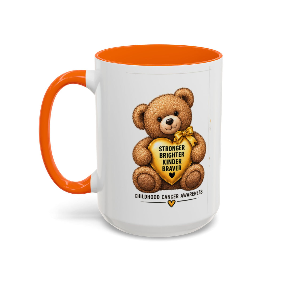 Childhood Cancer Awareness Coffee Mug — 'Stronger Brighter Kinder Braver' Teddy