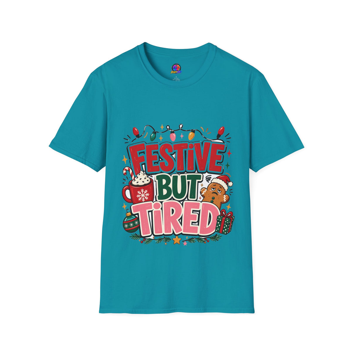Festive But Tired T-Shirt — Holiday Christmas Crew Tee with Lights & Gingerbread