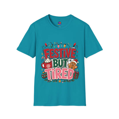 Festive But Tired T-Shirt — Holiday Christmas Crew Tee with Lights & Gingerbread