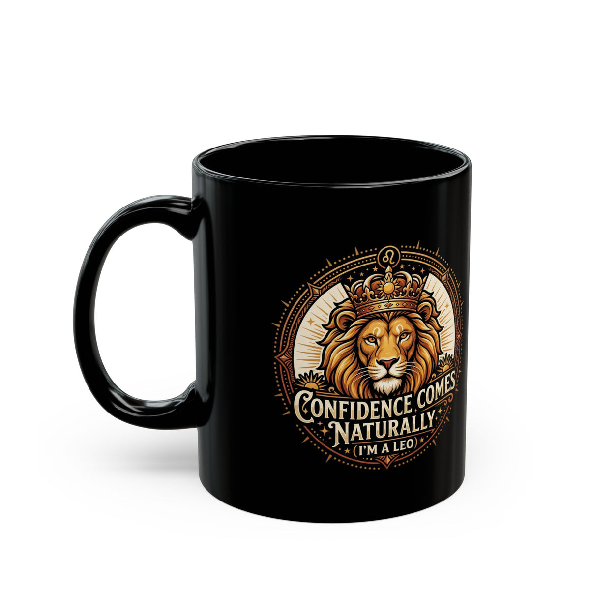 Leo Zodiac Lion Crest Coffee Mug — "Confidence Comes Naturally" Black