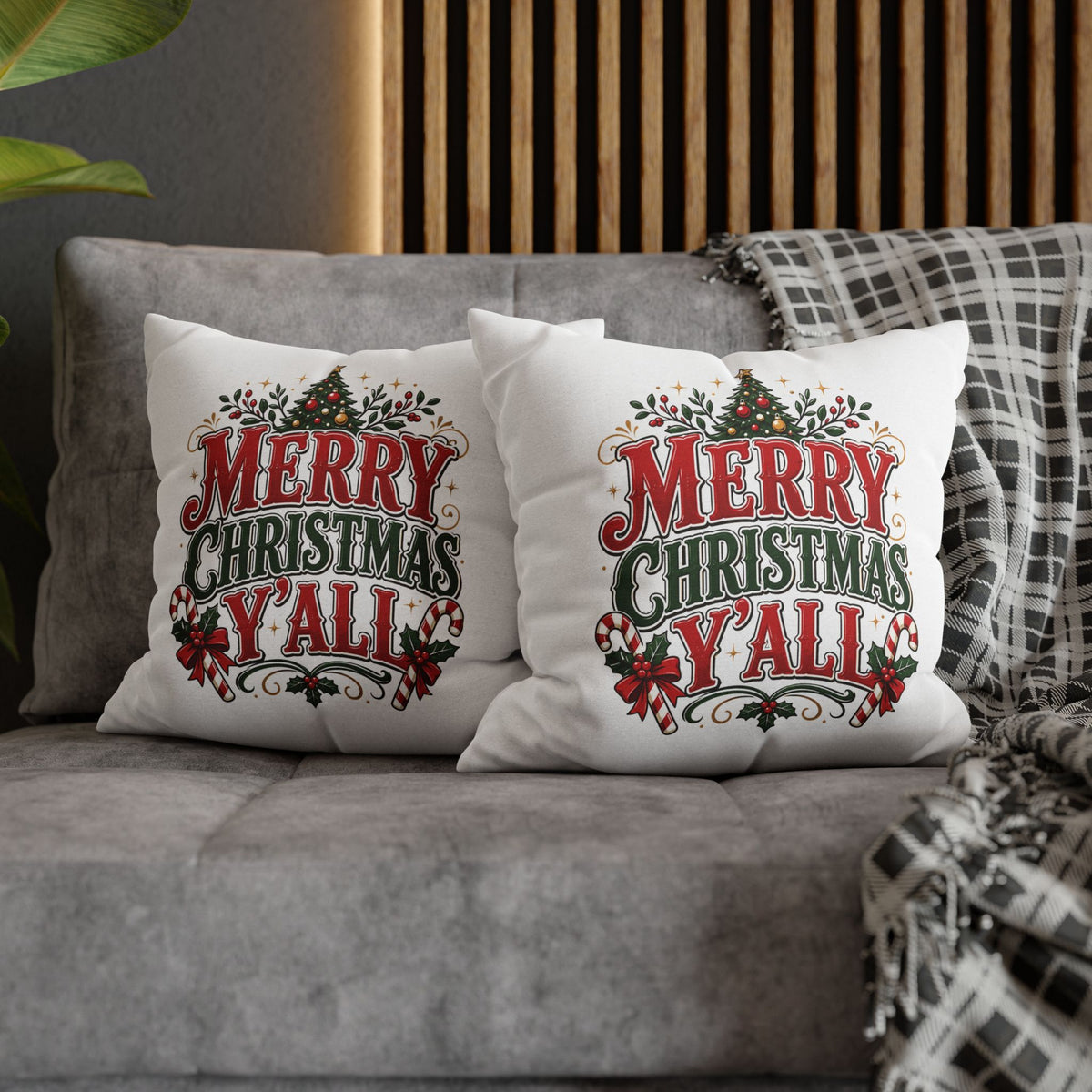 Christmas Square Pillowcase — Merry Christmas Y'all Holiday Decorative Pillow