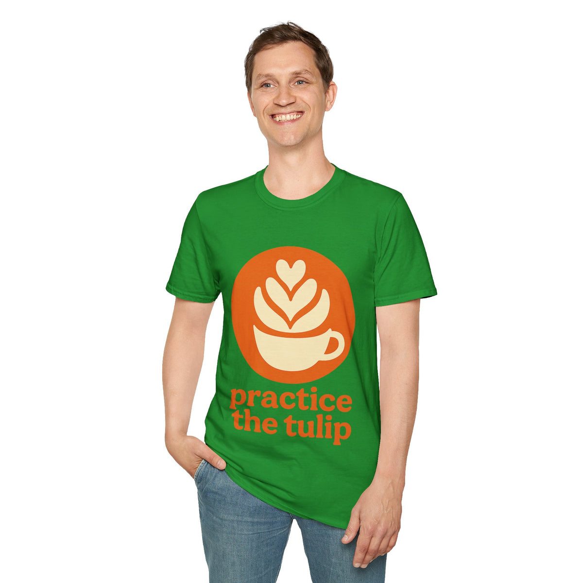 "Practice The Tulip" Latte Art Coffee Graphic Tee - Aesthetic Orange Barista White T-Shirt - Trending Now - September 2026