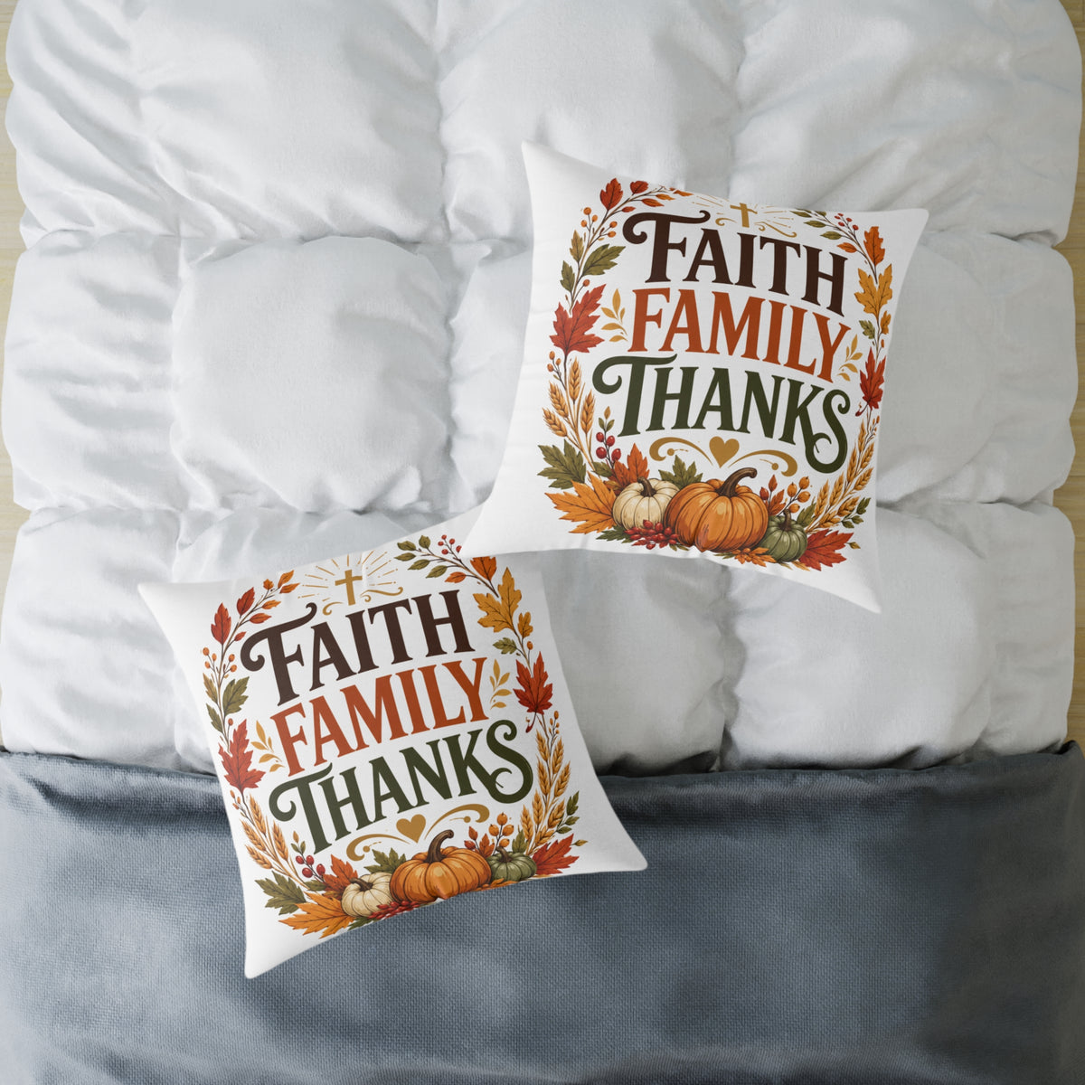 Thanksgiving Faith Family Thanks Fall Pillow — Thanksgiving Pumpkin Accent Cushion