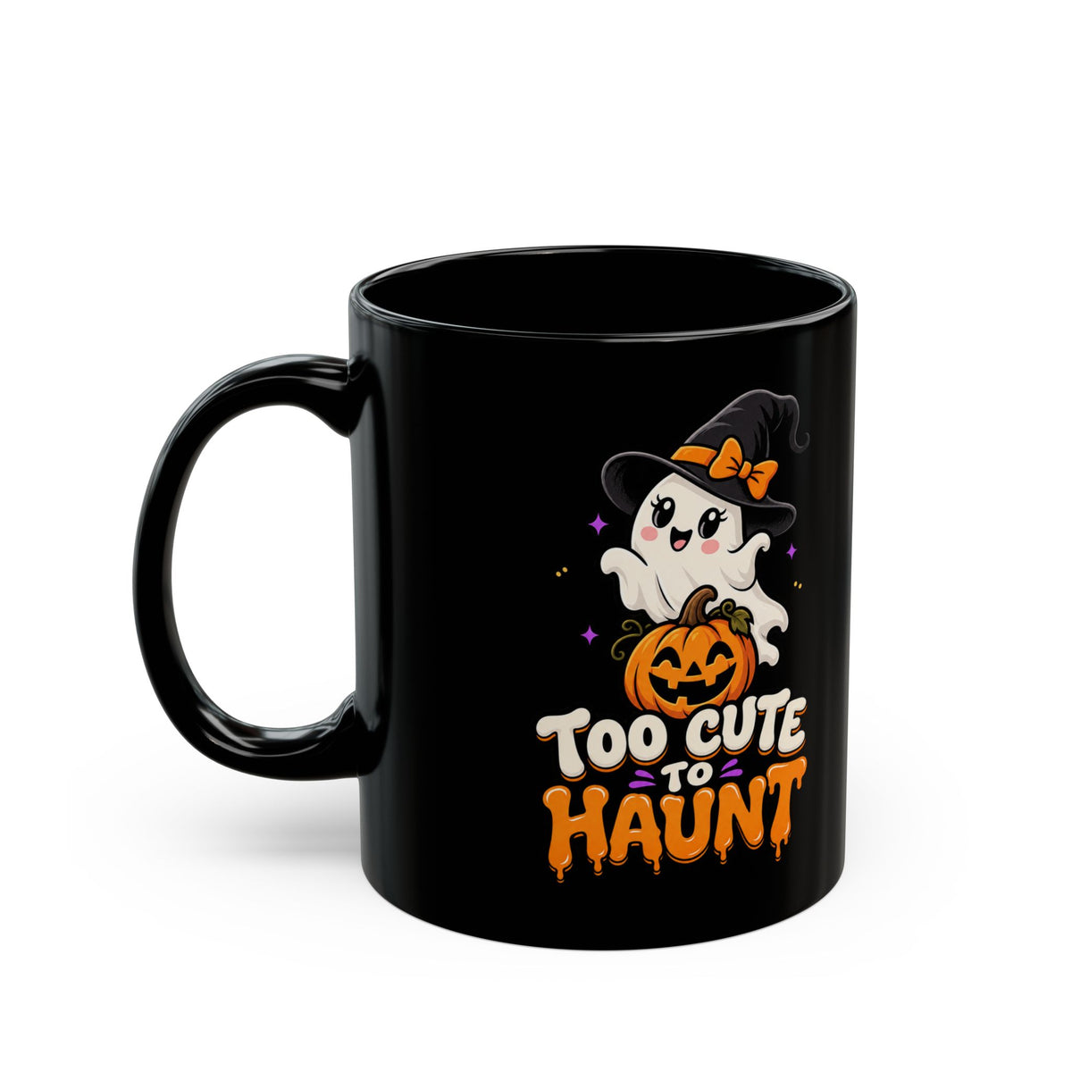 Too Cute to Haunt Halloween Mug — Black Ghost & Pumpkin Coffee Cup (11oz/15oz)