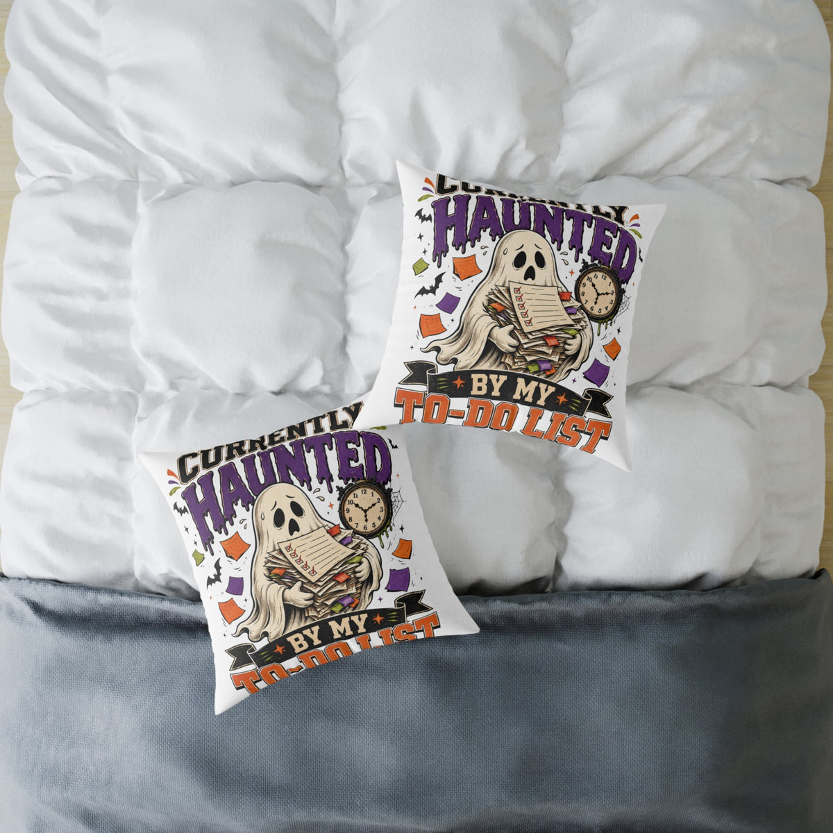 Halloween Haunted By My To-Do List Square Pillow — Funny Halloween Ghost Decorative Throw Pillow