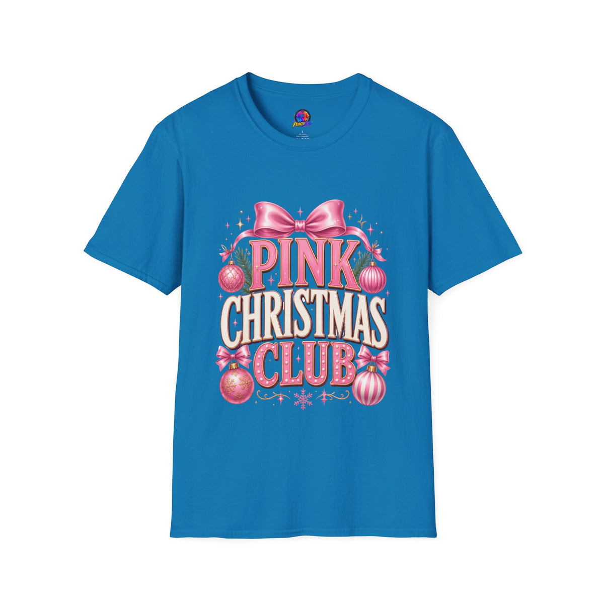 Pink Christmas Club T-Shirt — Womens Festive Holiday Tee with Bow & Ornaments