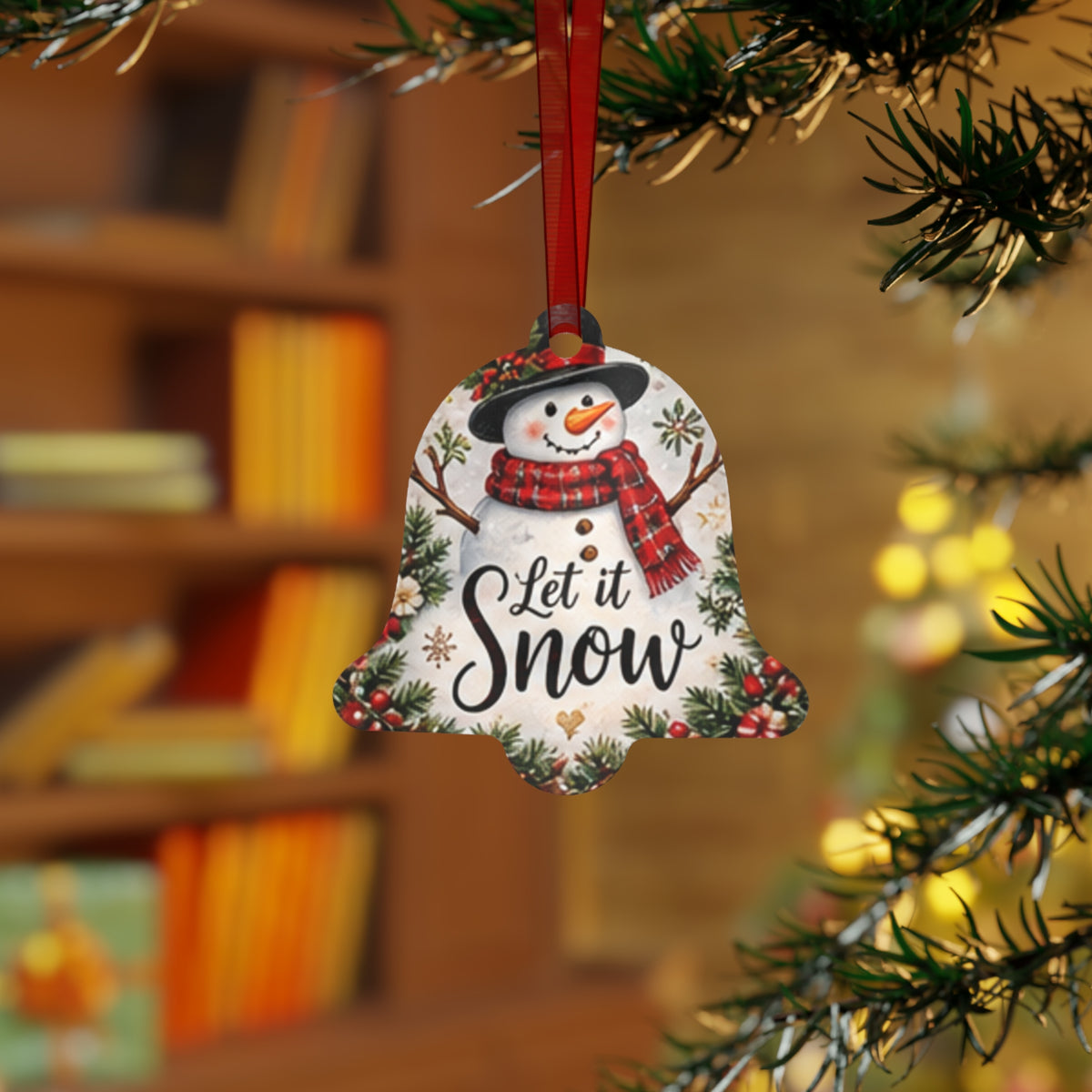 Let It Snow Metal Ornament – Bell-Shaped Snowman Holiday Decoration