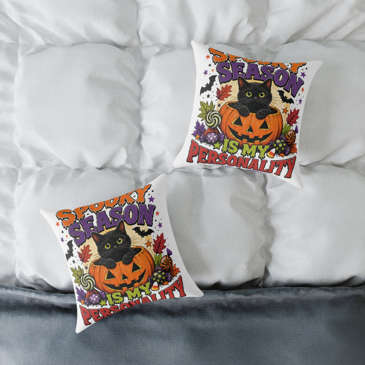Halloween Pillow — "Season Is My Personality" Black Cat Pumpkin Decorative Throw Pillow