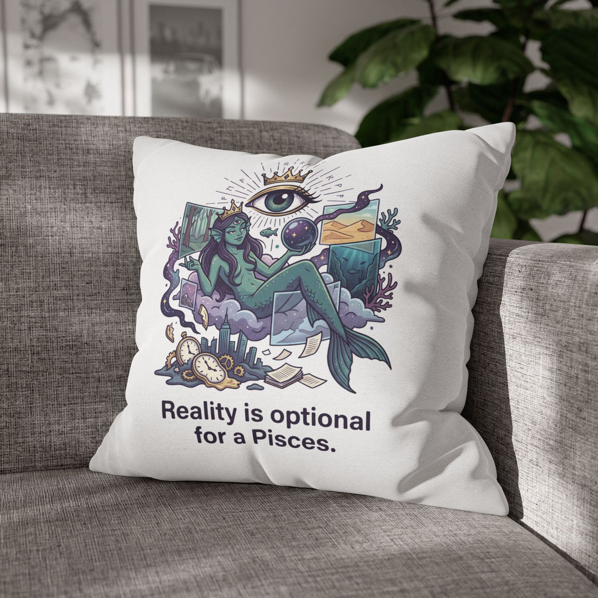 Pisces Mermaid Pillowcase — "Reality Is Optional for a Pisces" Decorative Throw Pillow