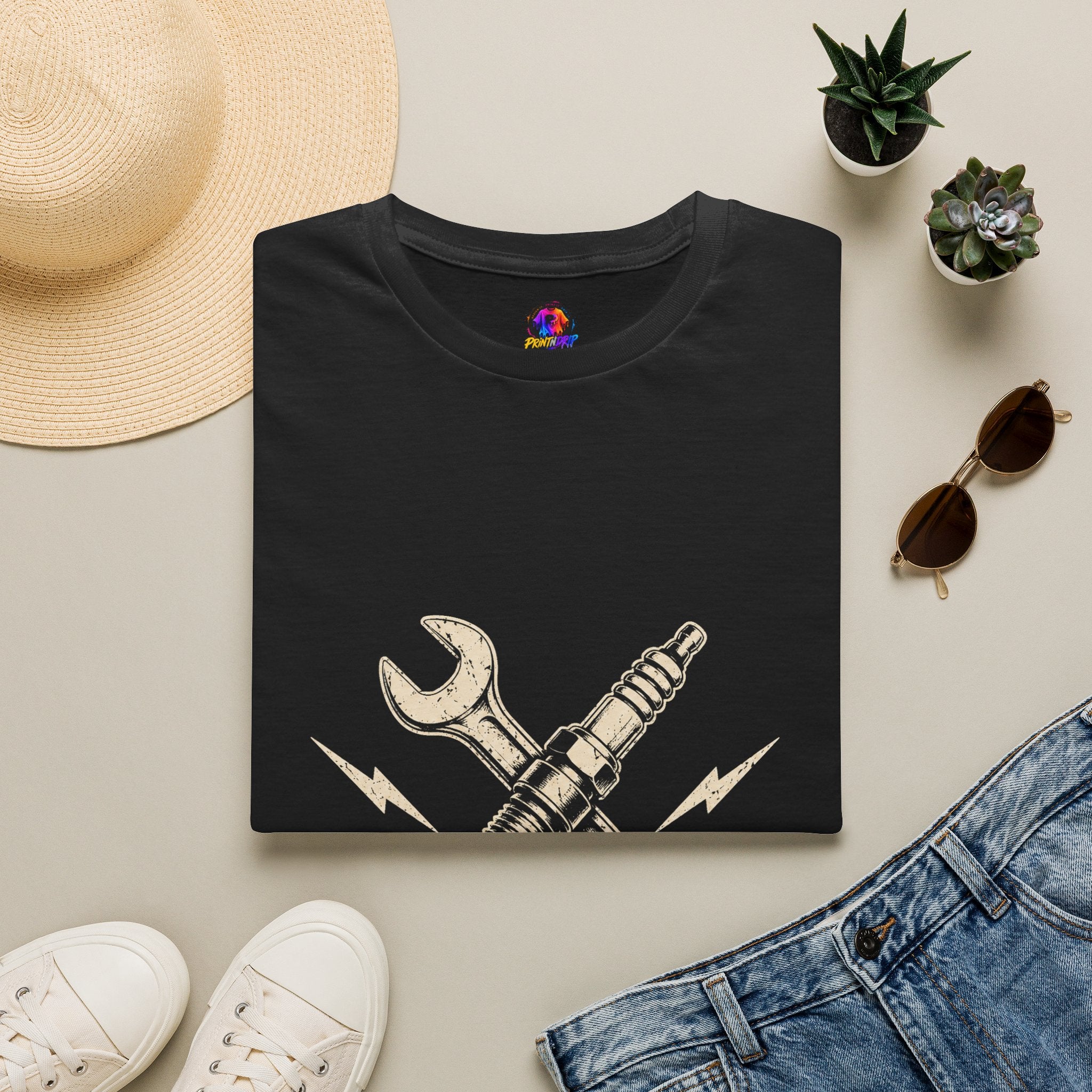 Built Not Bought T-Shirt — Vintage Mechanic Spark Plug & Wrench Tee for DIY Car Enthusiasts