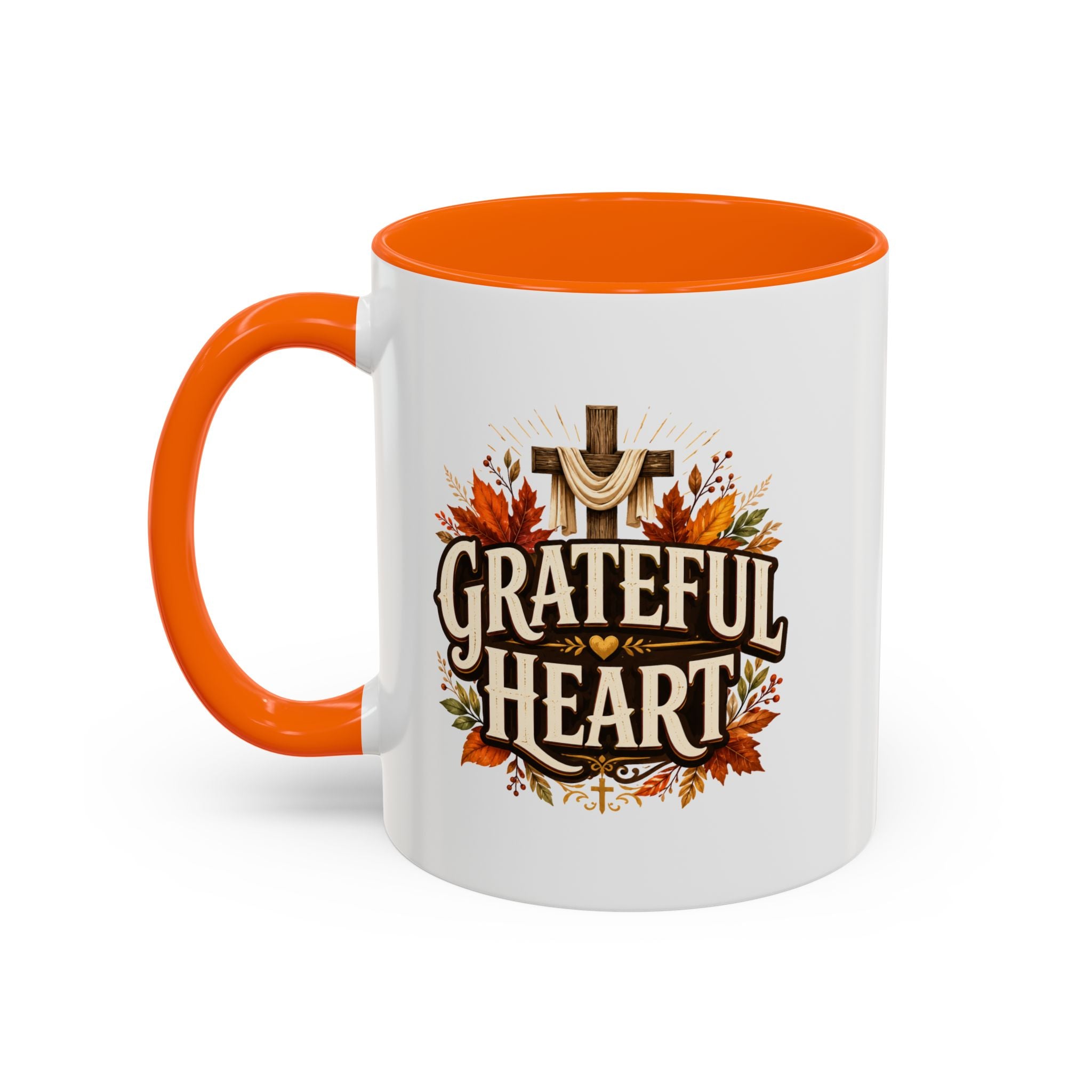 Thanksgiving Mug Grateful Heart Accent Coffee Mug – Autumn Leaves & Cross Spiritual Thanksgiving Gift