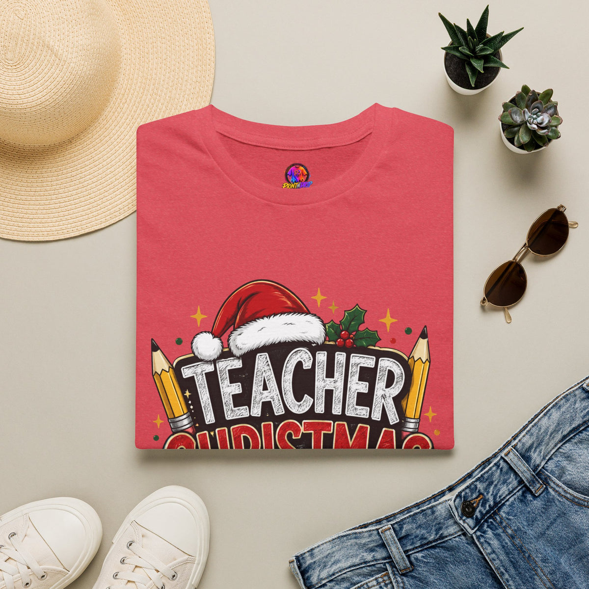 Teacher Christmas Crew T-Shirt — Holiday School Staff Tee with Santa Hat & Pencils