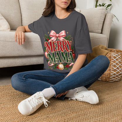 Merry Mama Christmas T-Shirt — Festive Bow & Holiday Greenery Tee