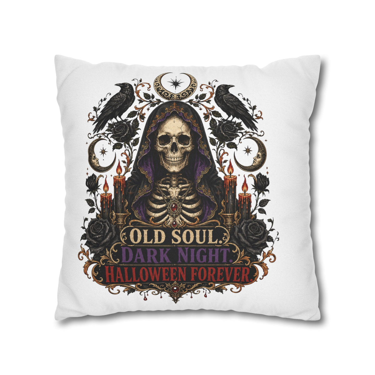 Halloween Skull Pillowcase — "Old Soul Dark Night" Spun Polyester Square Pillow