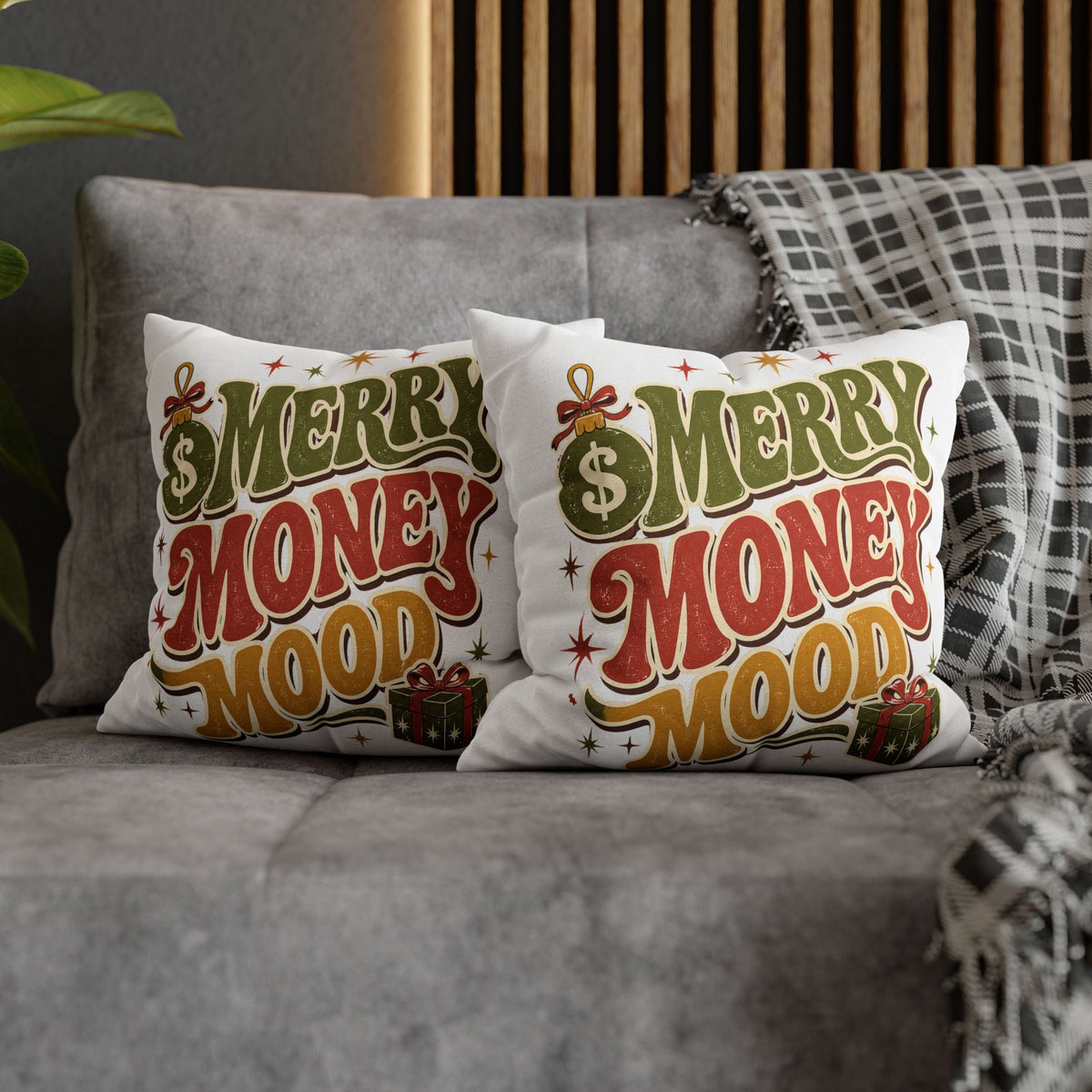 Merry Money Mood Pillowcase Modern Day Christmas — Festive Holiday Decorative Throw Pillow Cover