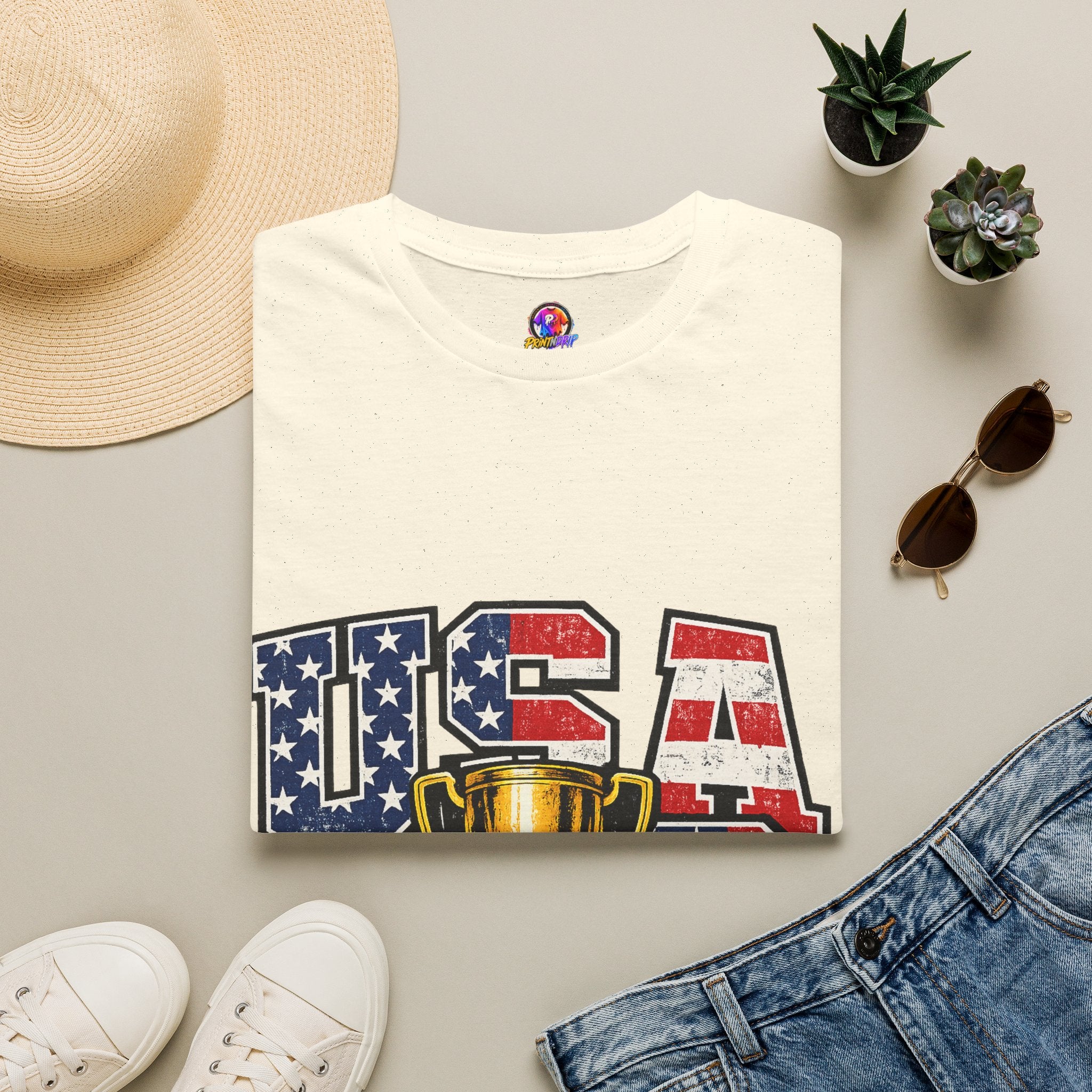 USA Trophy T-Shirt — Patriotic American Flag Graphic Tee