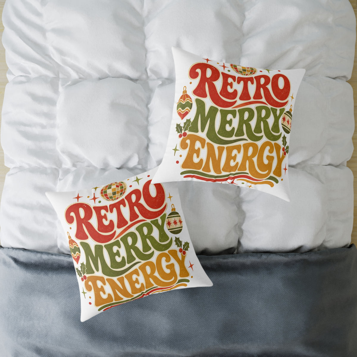 Retro Merry Energy Modern Day Christmas Pillow — Vintage Holiday Throw Pillow with Festive Typography