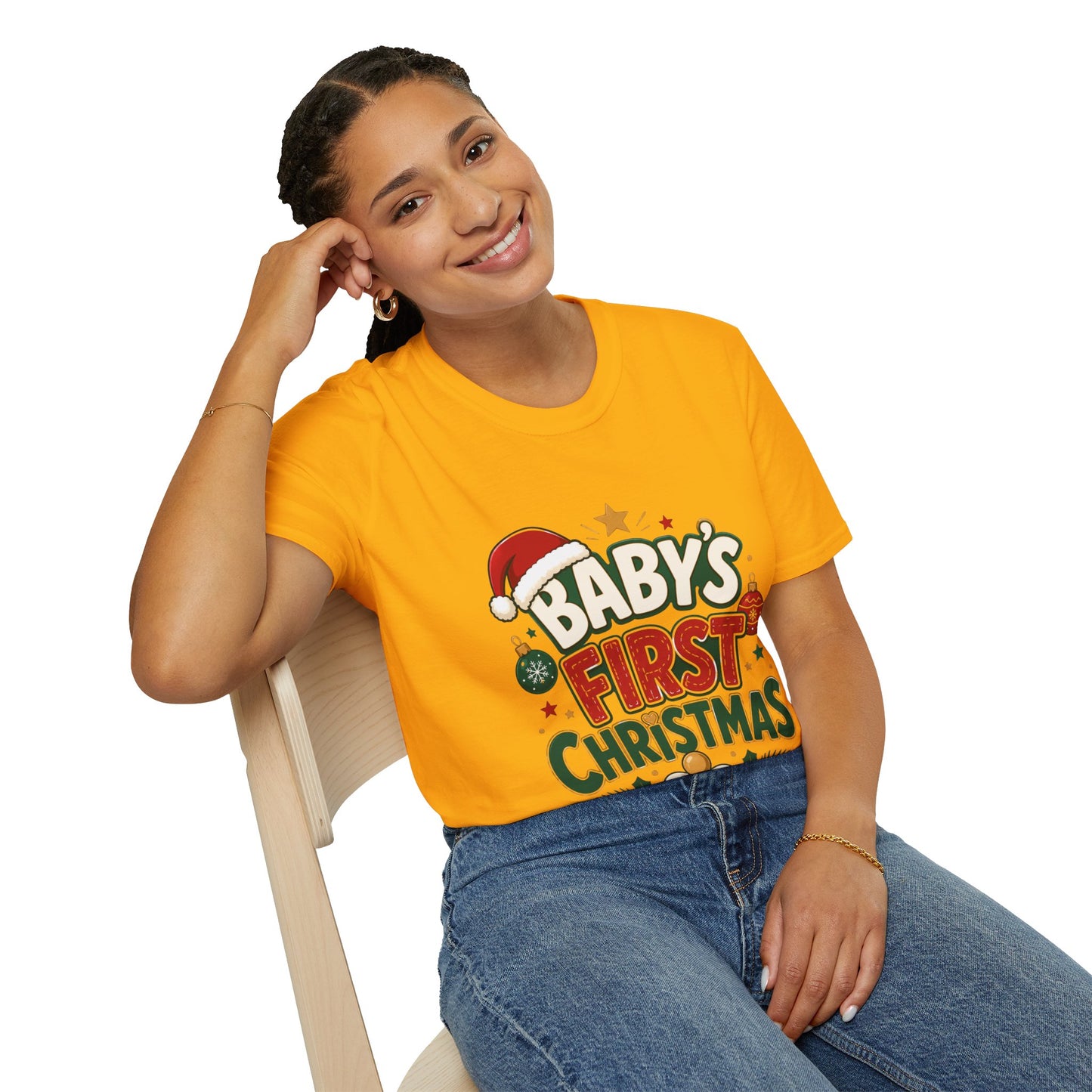 Baby's First Christmas T-Shirt — Festive Santa Hat & Ornaments Holiday Tee