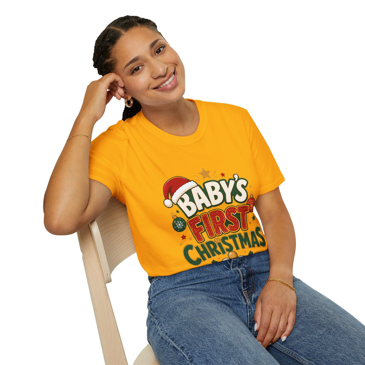 Baby's First Christmas T-Shirt — Festive Santa Hat & Ornaments Holiday Tee