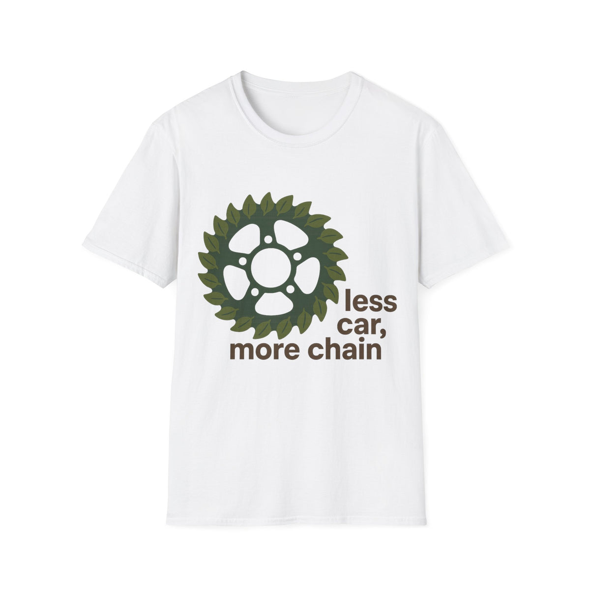 "Less Car, More Chain" Bicycle Sprocket Graphic Tee - Urbanist Cycling Advocacy White T-Shirt - Trending Now - September 2026