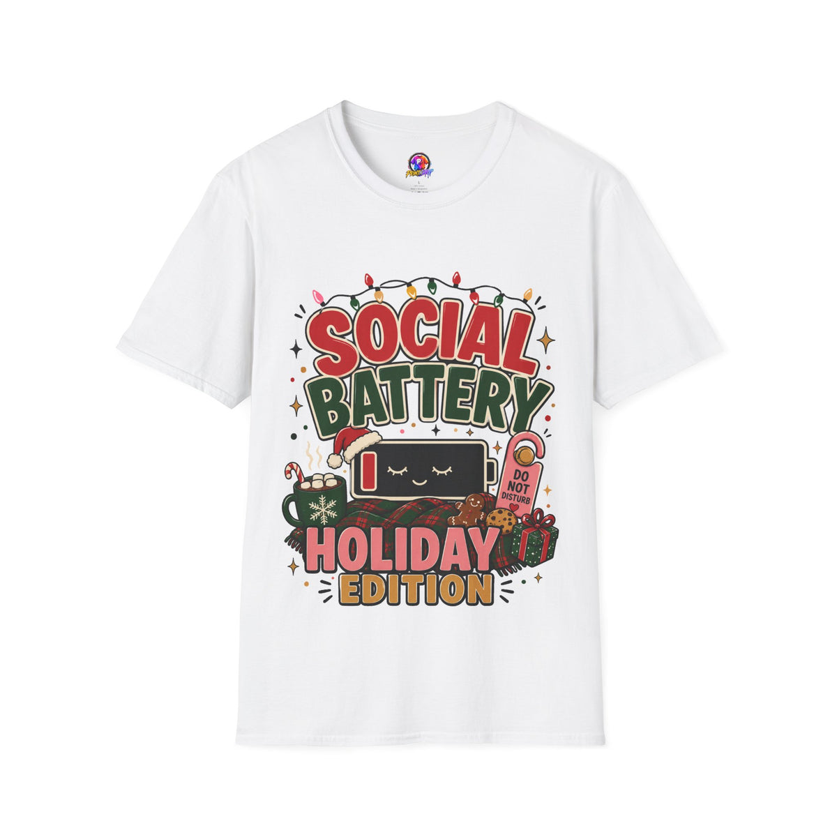 Social Battery Holiday T‑Shirt — Funny Christmas Recharge Graphic Tee