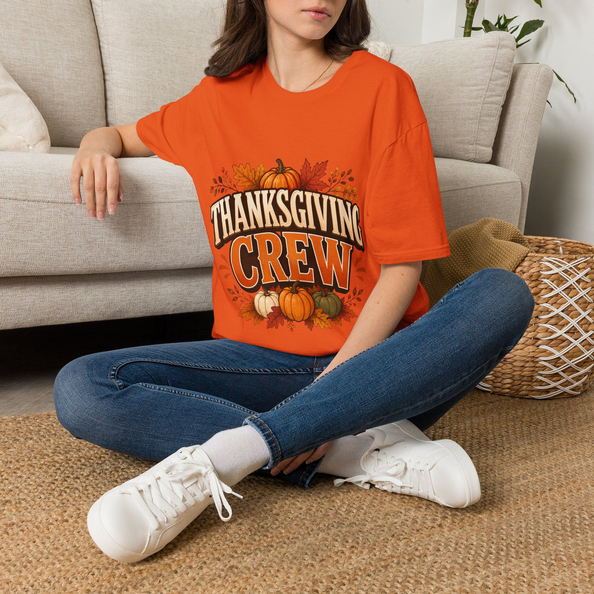 Thanksgiving T-Shirt Crew T-Shirt— Festive Pumpkin & Fall Leaves Holiday Tee