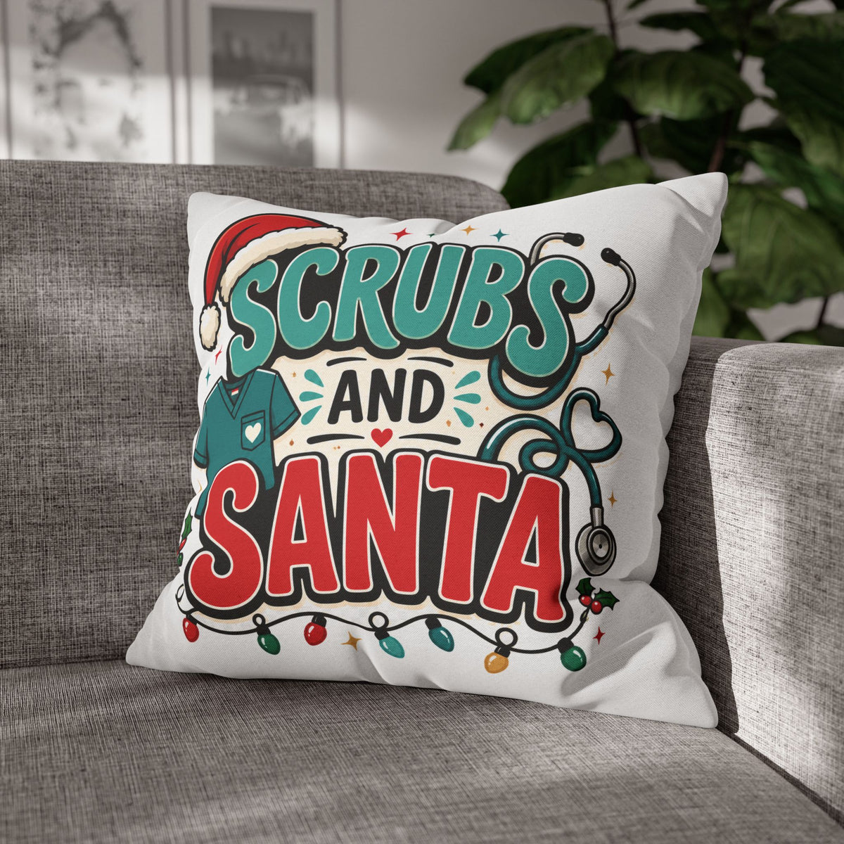 Scrubs and Santa Holiday Pillowcase Modern Day Christmas  — Christmas Nurse Decorative Throw Pillow Cover