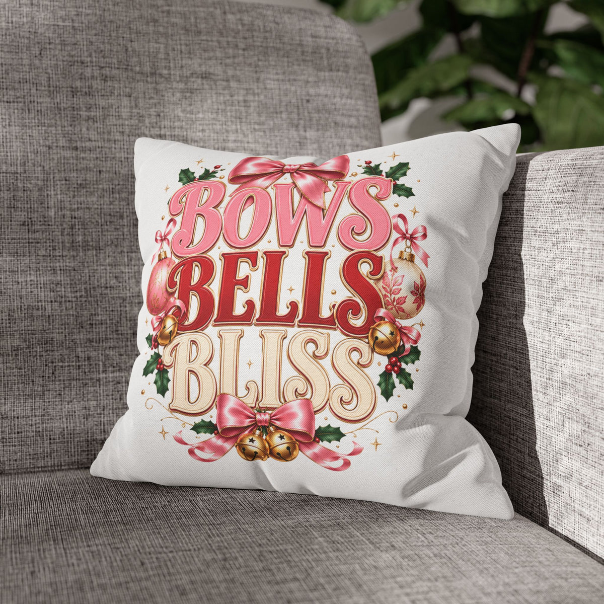 Christmas Decorative Pillowcase — "Bows Bells Bliss" Pink Holiday Throw Pillowcase