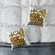 Childhood Cancer Awareness Pillow - "Fight Believe Support Never Give Up" Gold Ribbon Accent
