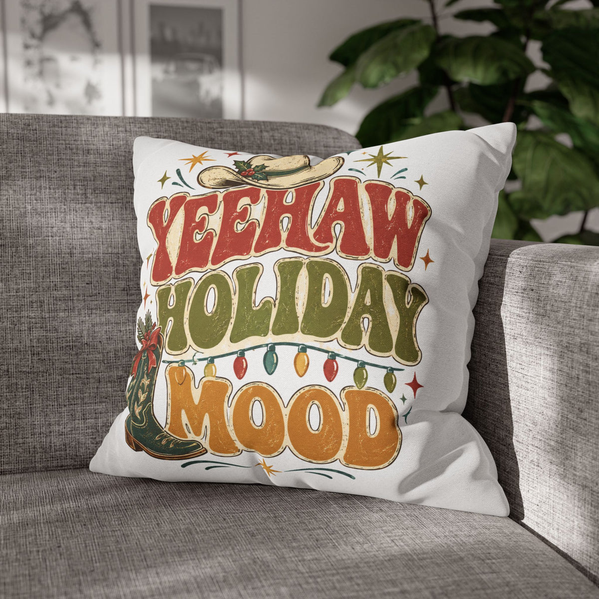 Christmas Yeehaw Holiday Mood Pillowcase — Western Christmas Decorative Throw Pillow Cover