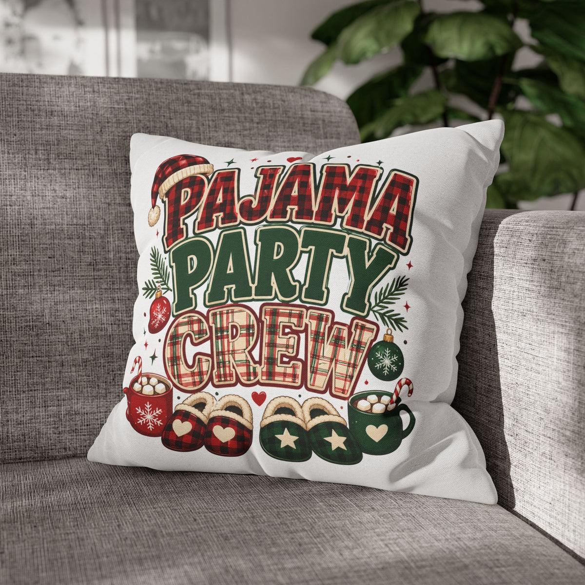 Christmas Pajama Party Crew Pillowcase — Christmas Holiday Decorative Throw Pillow Cover