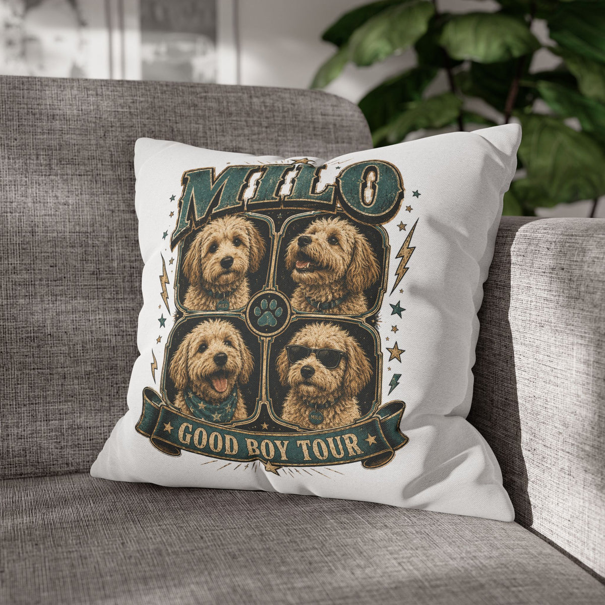 Milo "Good Boy Tour" Decorative Pillowcase — Dog Band Tour Poster Throw Pillowcase Milo Bailey Dog Dad Mom