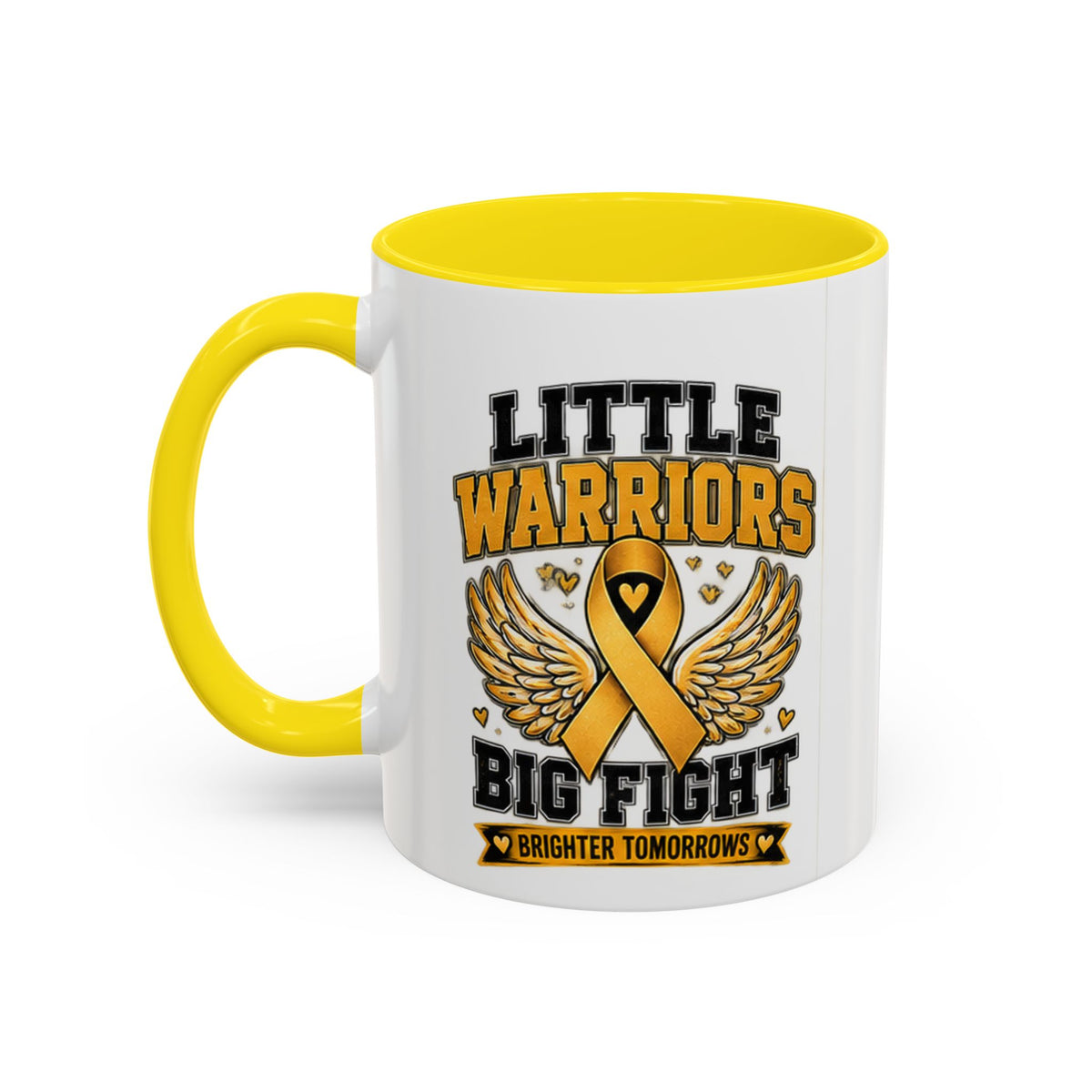 Little Warriors Big Fight Childhood Cancer Awareness Coffee Mug — Gold Ribbon Support Accent Mug