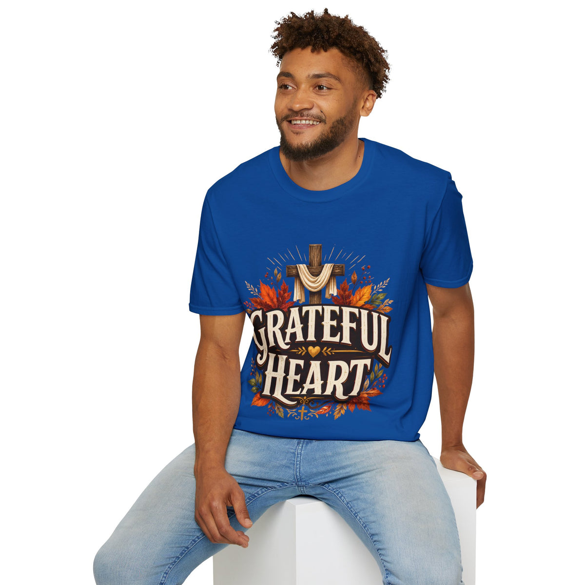 Thanksgiving T-Shirt Grateful Heart T-Shirt — Christian Cross & Autumn Leaves Thanksgiving Tee