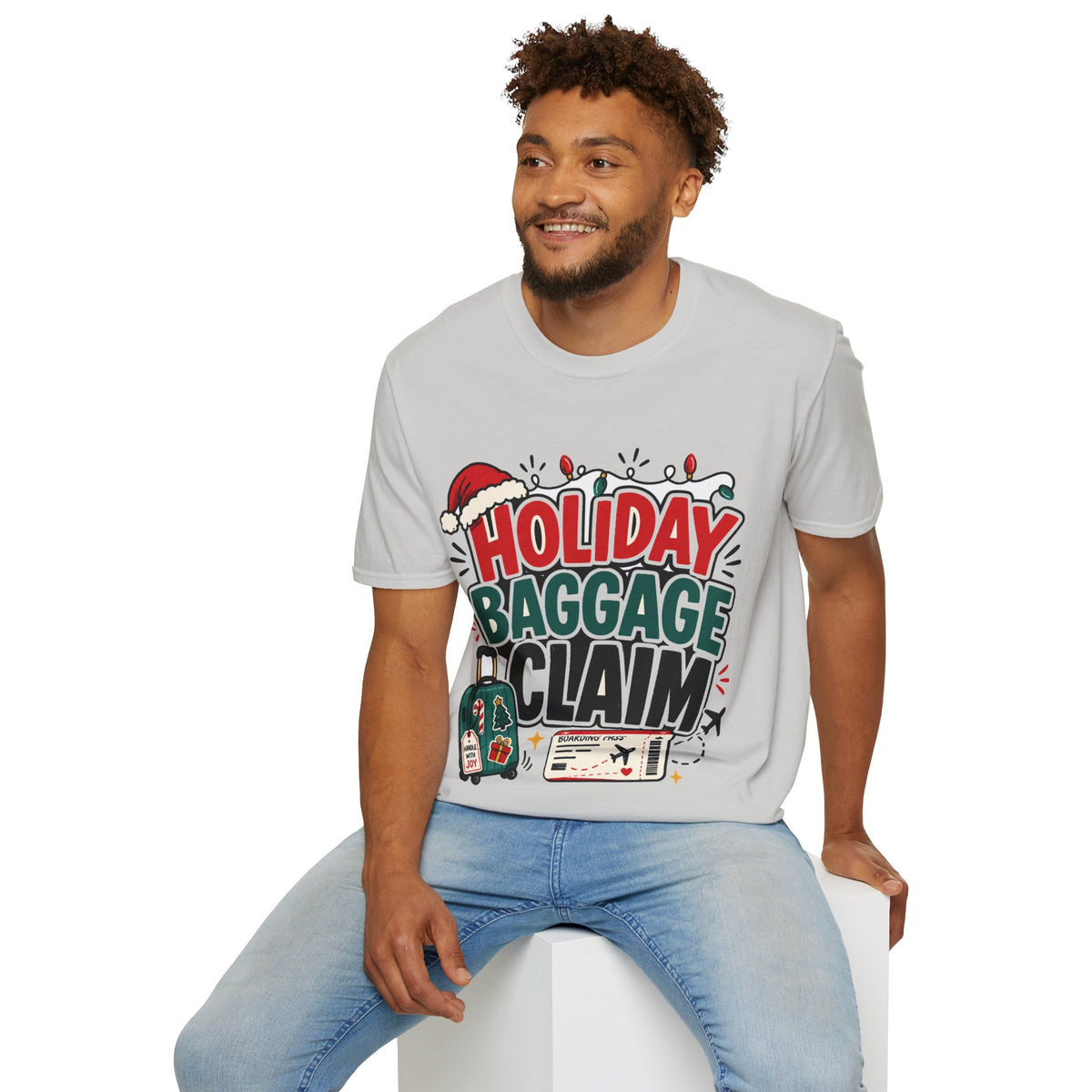 Holiday Baggage Claim T-Shirt — Funny Christmas Vacation Tee with Santa Hat & Lights