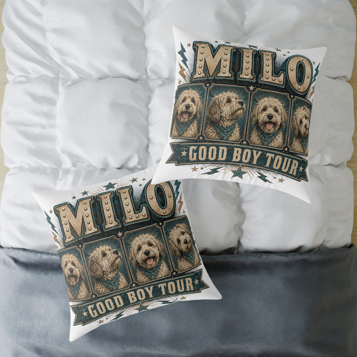 Milo "Good Boy Tour" Square Throw Pillow  Milo Bailey Dog Dad Mom