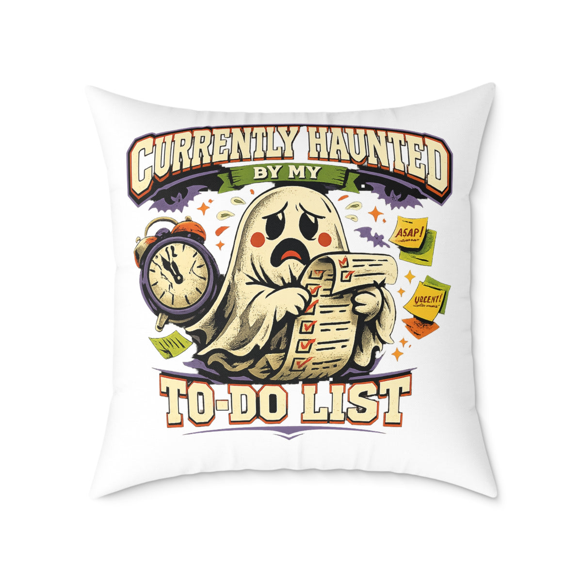Halloween Square Poly Canvas Pillow — “Currently Haunted by My To-Do List” Halloween Ghost Decorative Throw Pillow