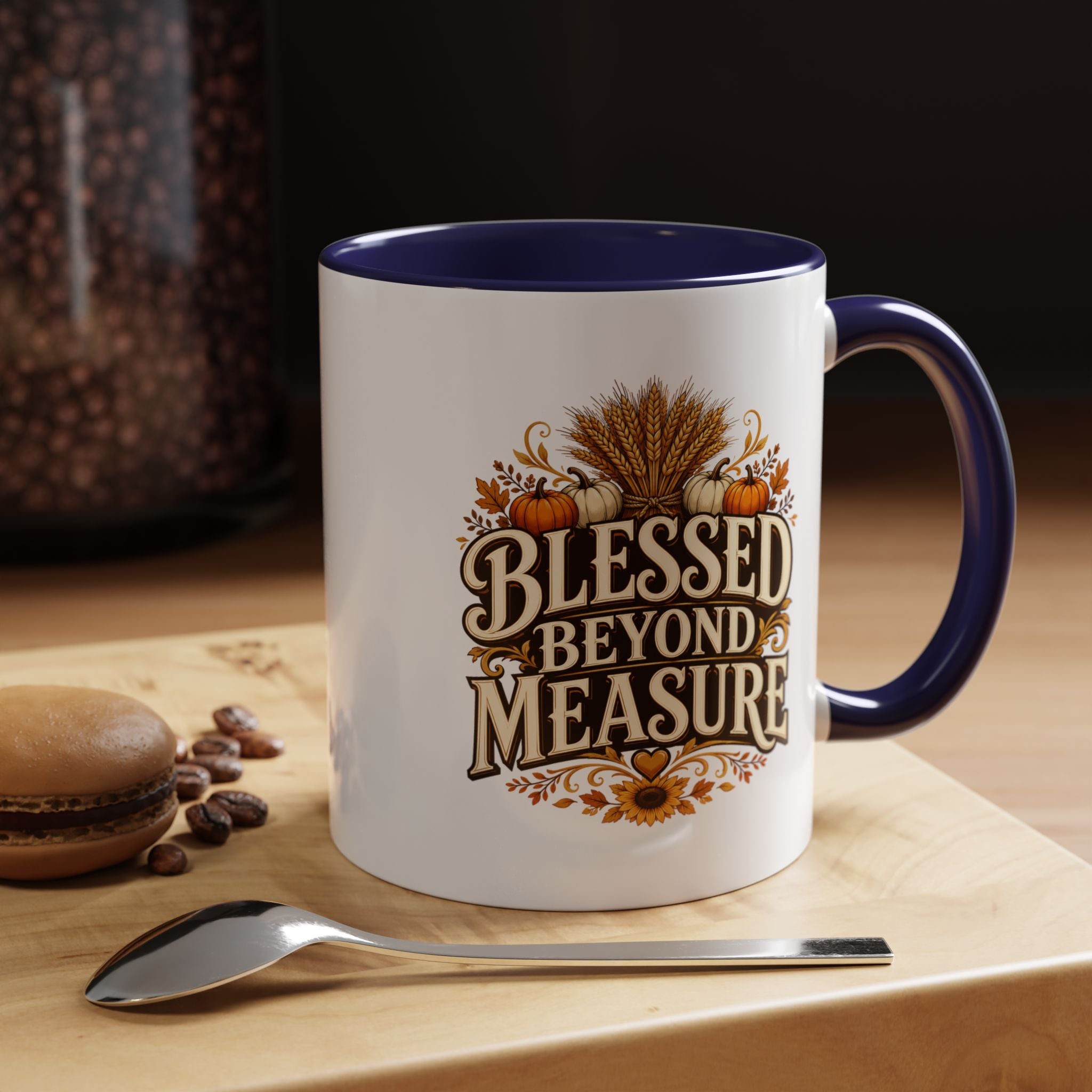 Thanksgiving Mug Blessed Beyond Measure Accent Coffee Mug — Fall Pumpkin & Wheat Autumn Faith Mug