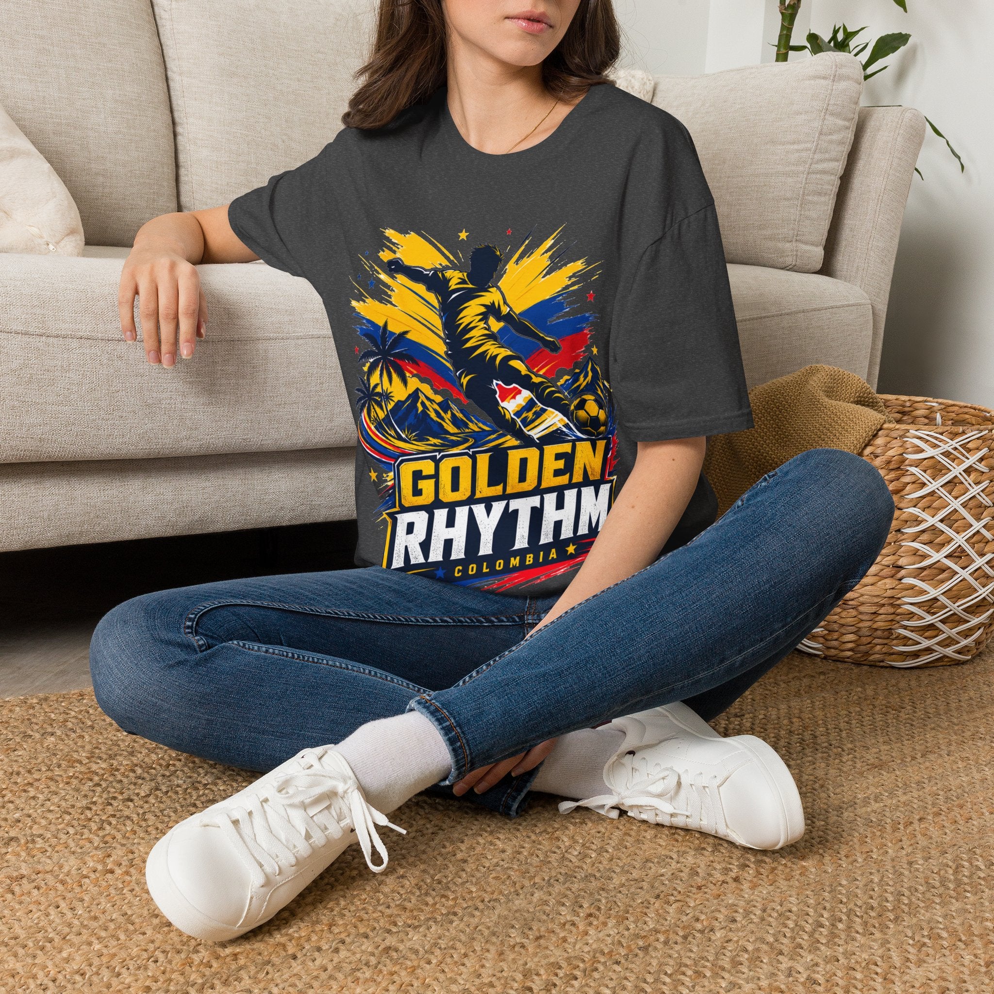 Columbia Soccer Player Graphic T-Shirt — "Golden Rhythm" Vibrant Beach Soccer Tee