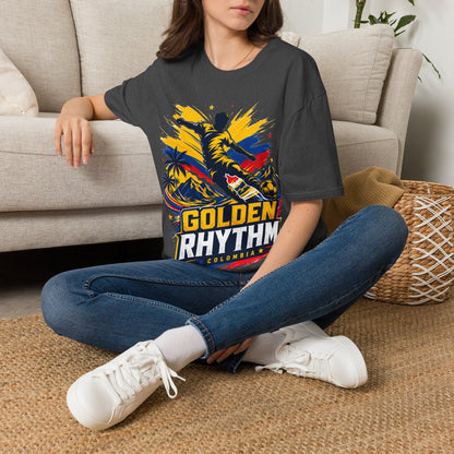 Columbia Soccer Player Graphic T-Shirt — "Golden Rhythm" Vibrant Beach Soccer Tee