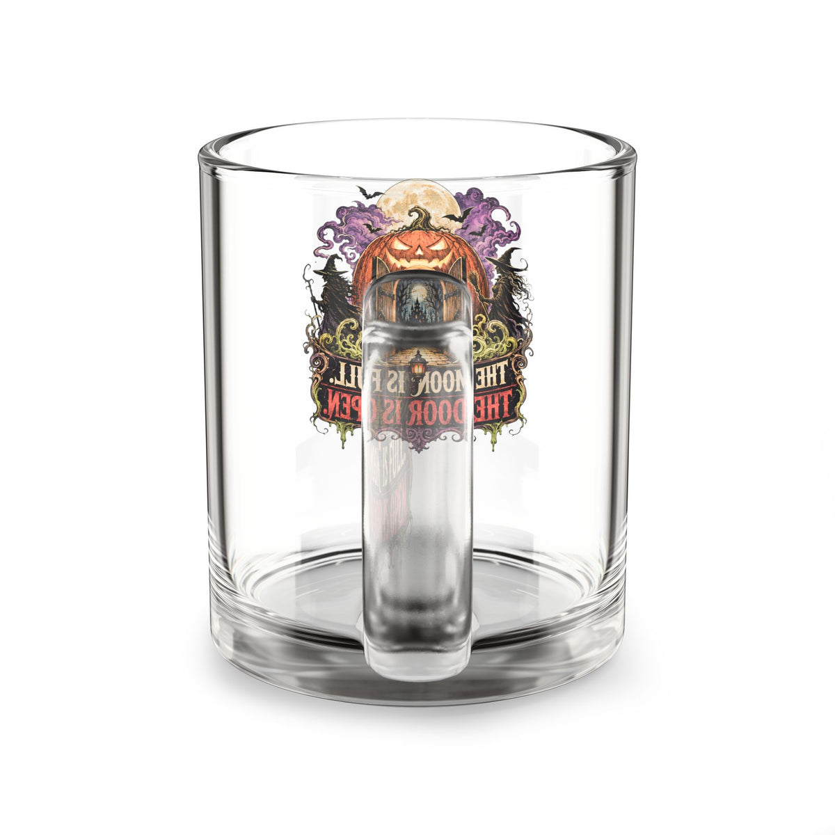 Halloween Glass Mug 10 oz  Glass Mug — Halloween Pumpkin Door Illustration, "The Moon Is Full, The Door Is Open" 10oz