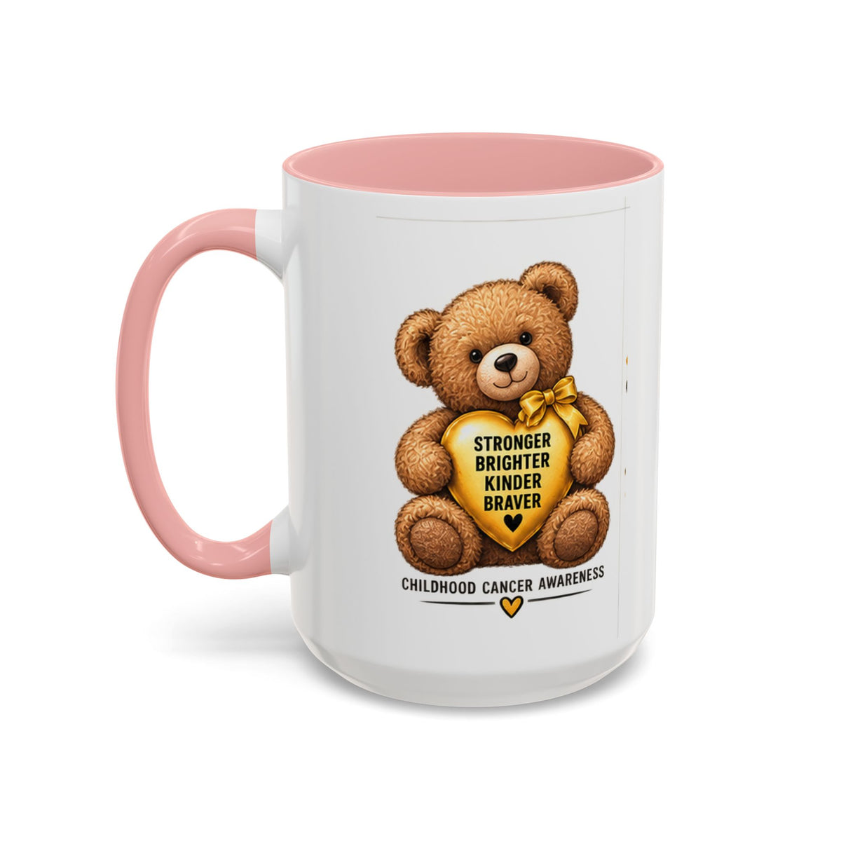 Childhood Cancer Awareness Coffee Mug — 'Stronger Brighter Kinder Braver' Teddy