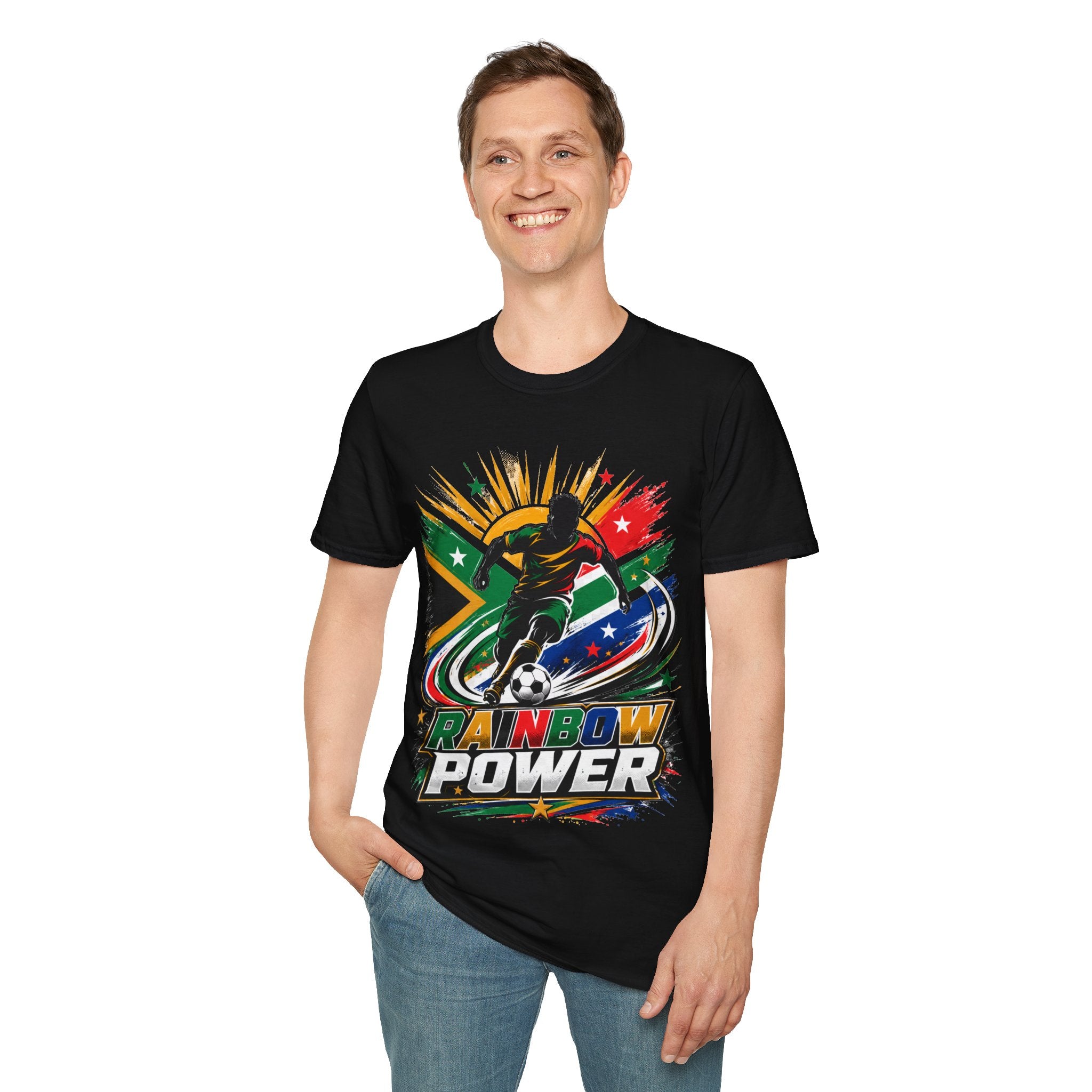 South Africa Soccer Rainbow Power T-Shirt — Colorful Football Player Graphic Tee