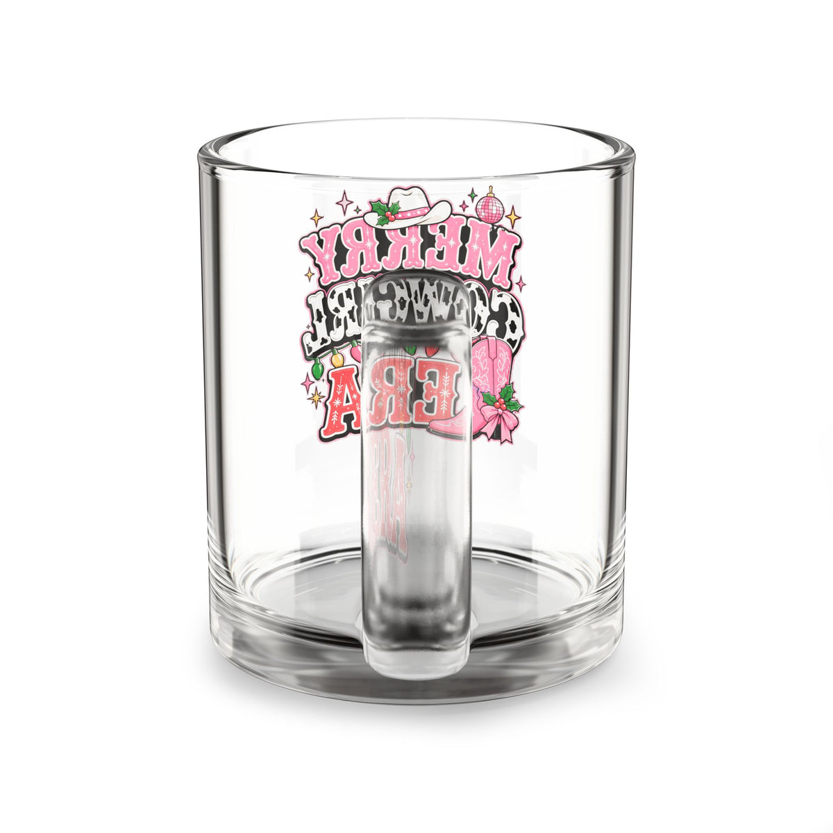 Modern Day Christmas Glass Mug  10oz Glass Mug — Merry Cowgirl Era Pink Cowgirl Christmas Design