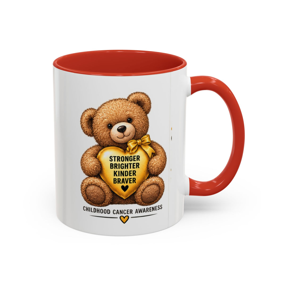 Childhood Cancer Awareness Coffee Mug — 'Stronger Brighter Kinder Braver' Teddy