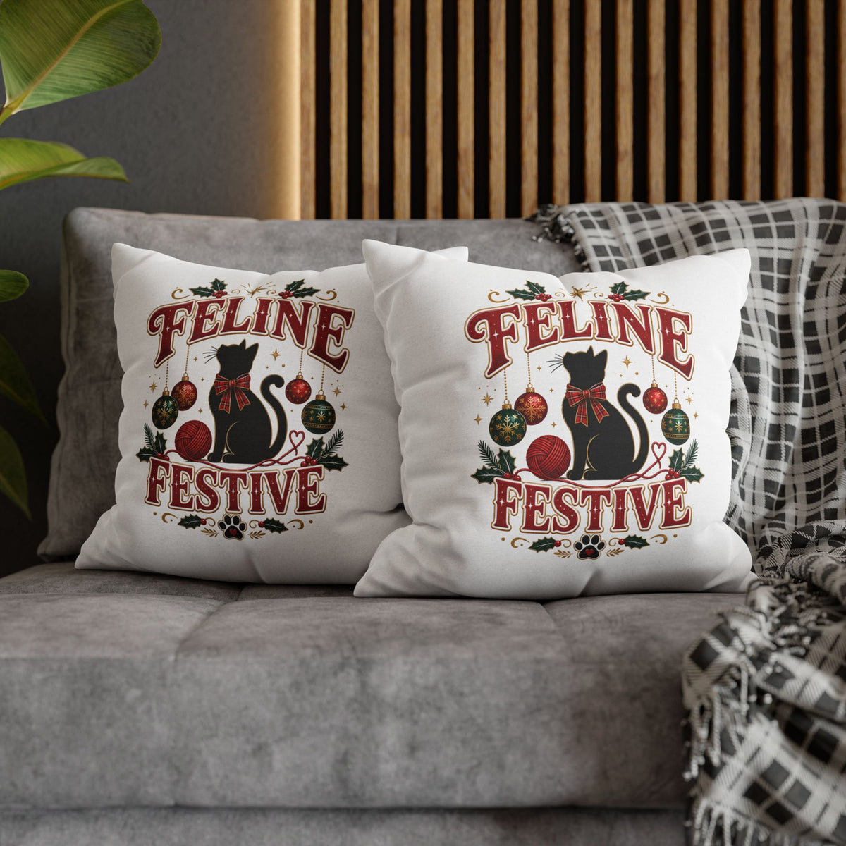 Feline Festive Christmas Pillowcase — Christmas Cat Decorative Throw Pillow Cover