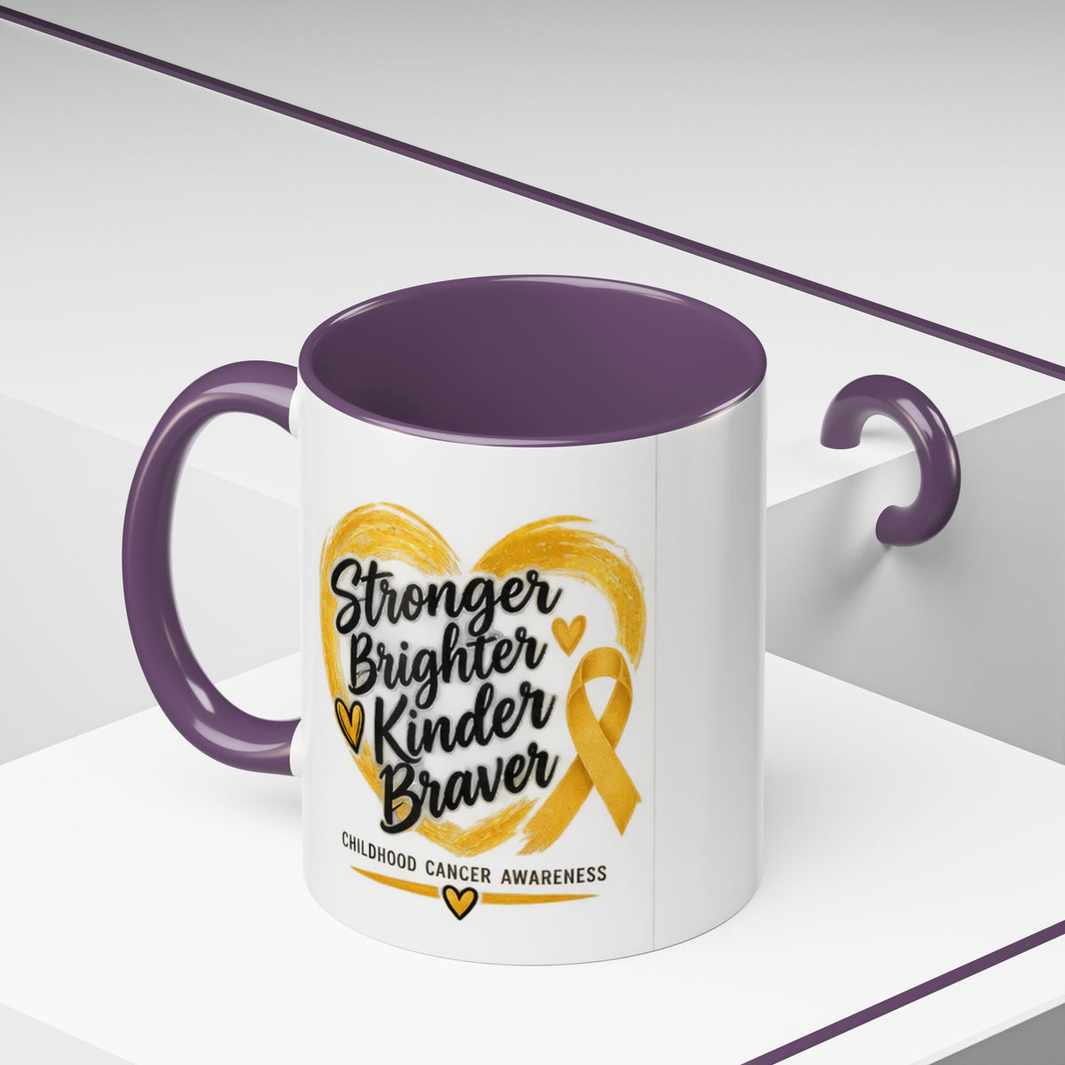Childhood Cancer Awareness Accent Coffee Mug — "Stronger Brighter Kinder Braver"