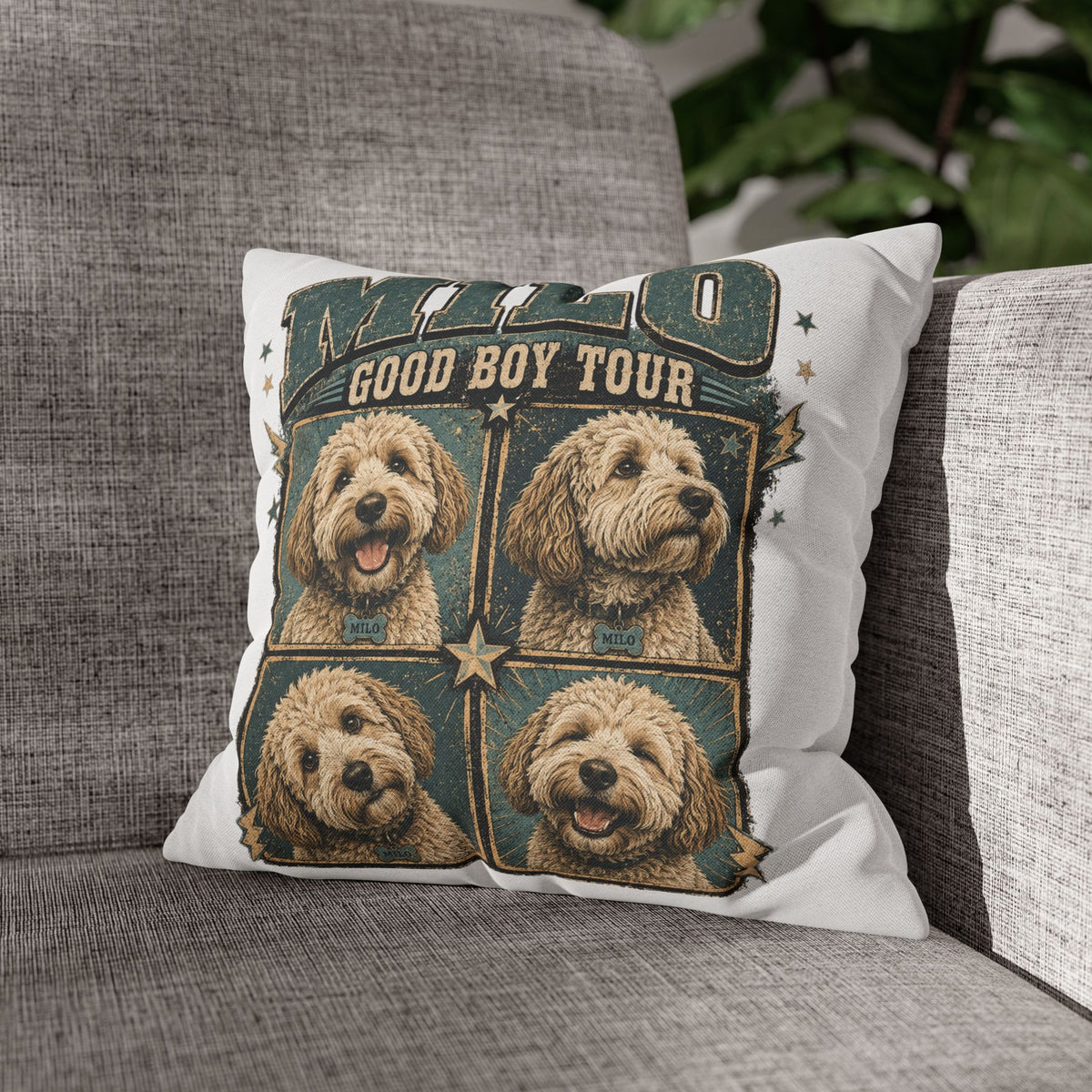 Dog Pillowcase— "MILO Good Boy Tour" Spun Polyester Throw Pillowcase Milo Bailey Dog Dad Mom