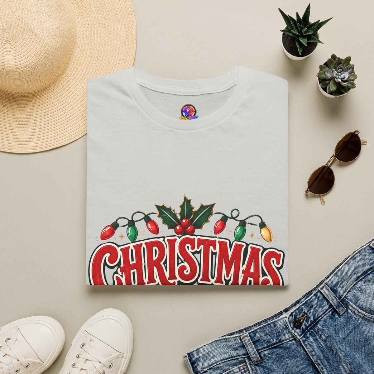 Christmas Crew T-Shirt — Festive Holiday Graphic Tee with Lights & Holly